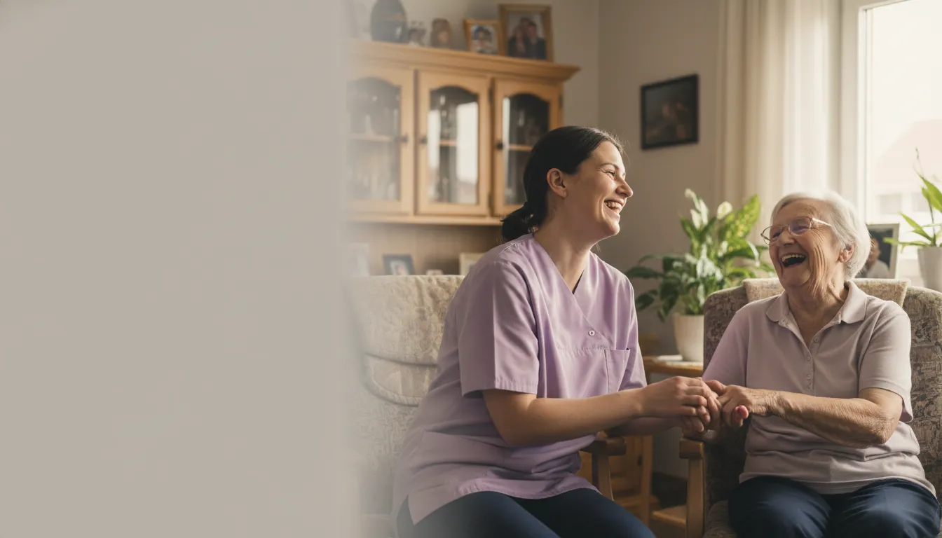 BeHome Care Pflegekraft hält die Hand einer älteren Patientin in vertrauter Umgebung — ambulante Pflege in Bochum